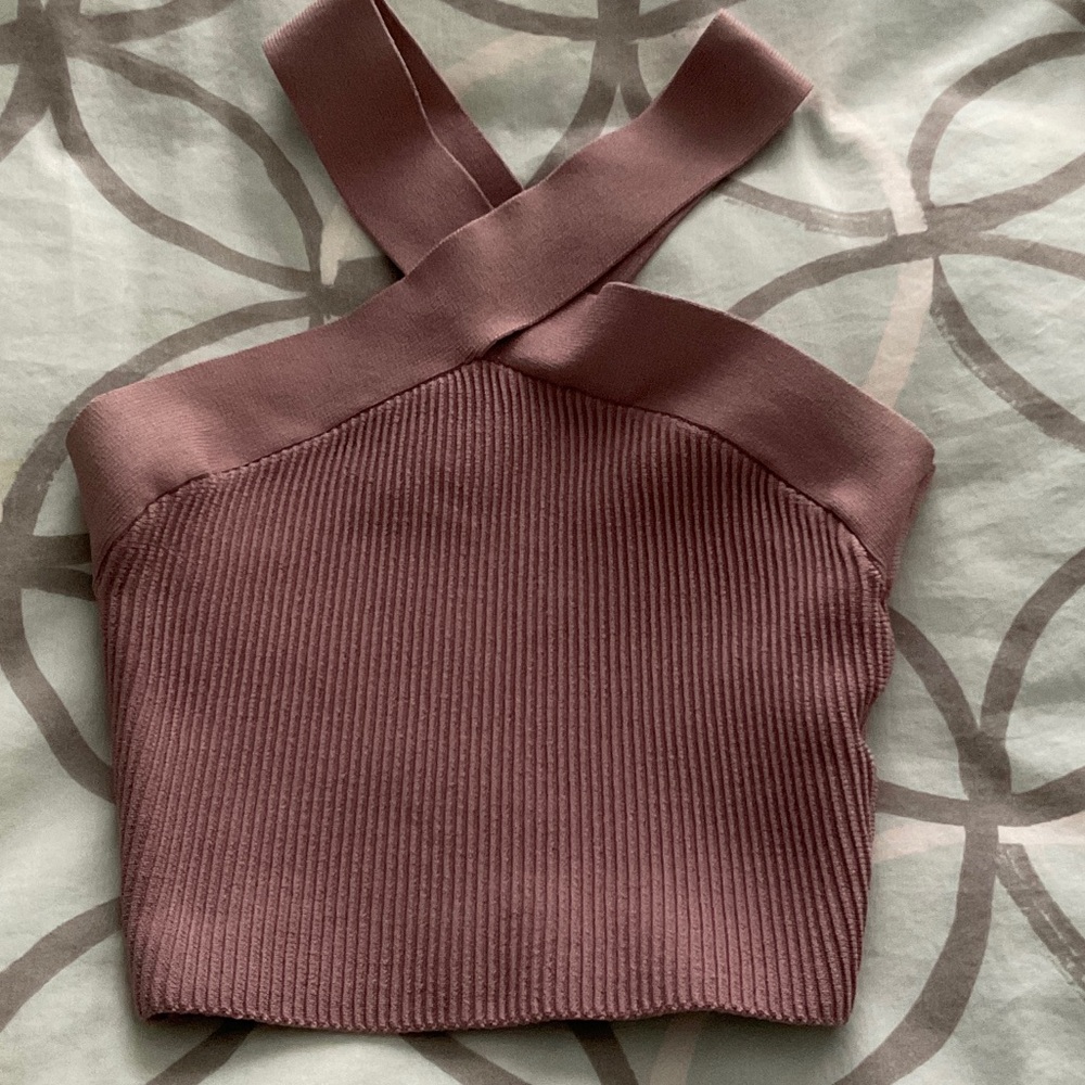 Aritzia Babaton Dusty Rose Ribbed Cross-Strap Crop Top